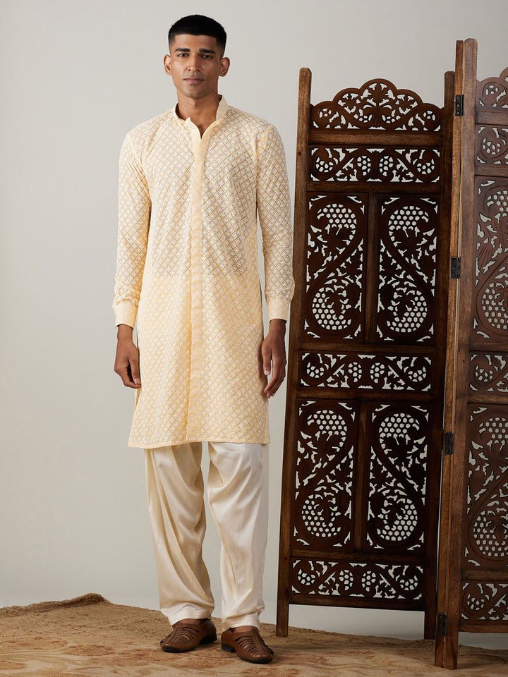 Sarvati Men's Yellow Chikankari Front Open Kurta WithPatiala Set