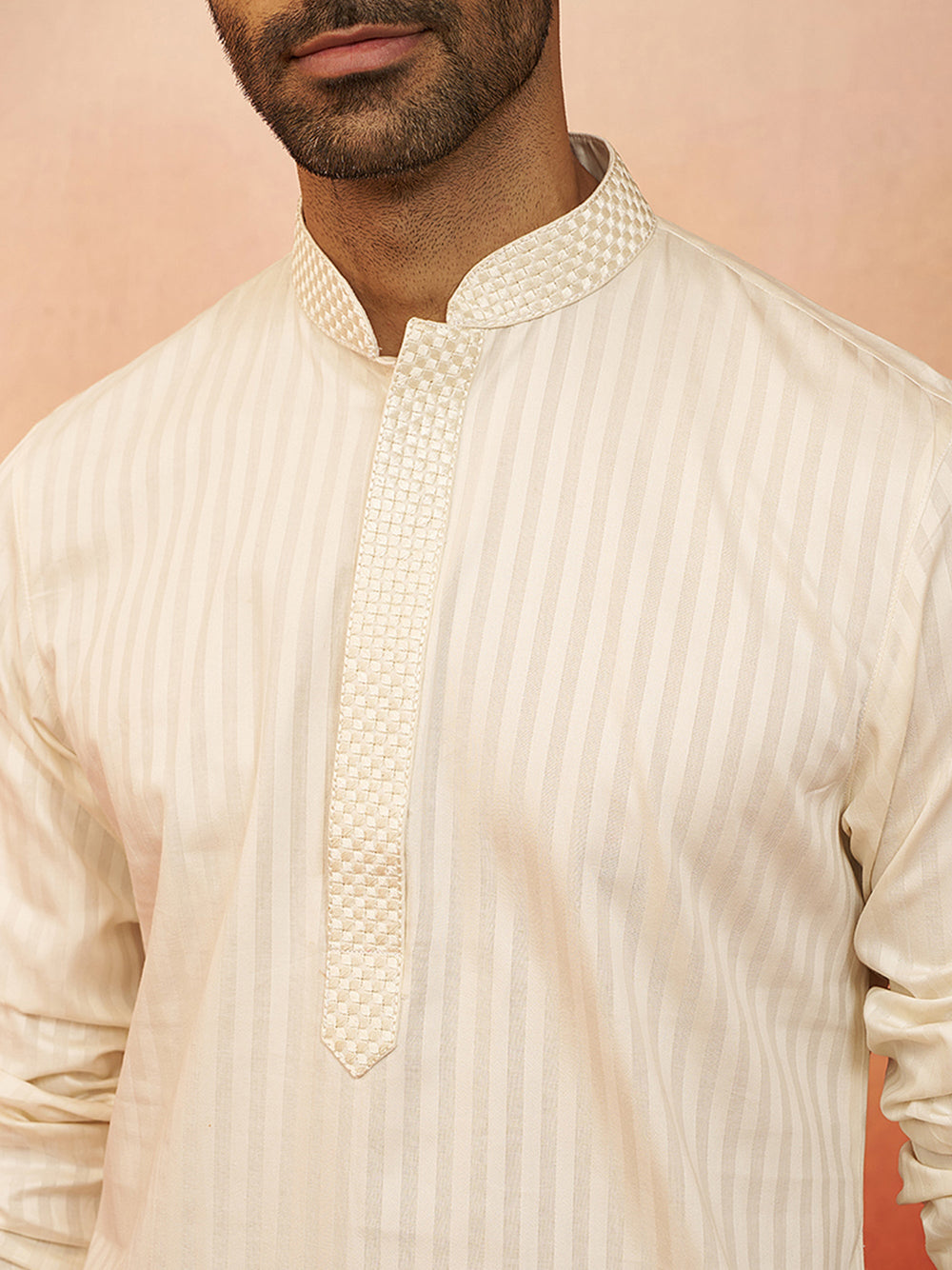 Men Cream Cotton Monalisa Embroidered Kurta