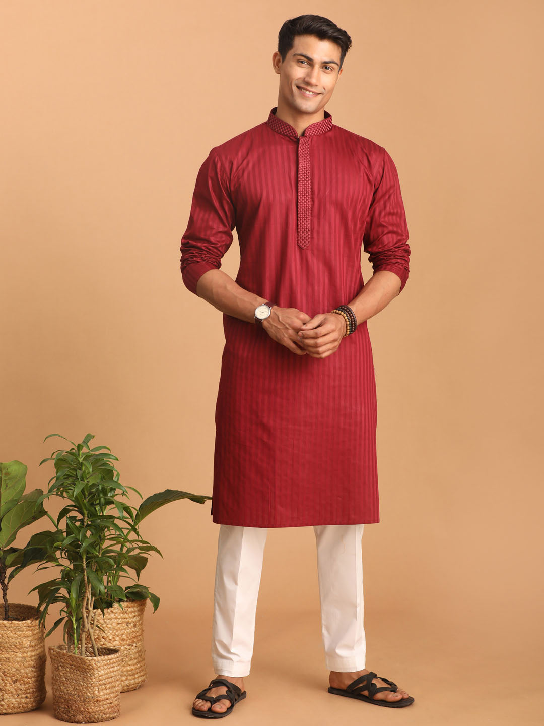 Sarvati Men's Maroon Cotton Blend Solid Kurta with White Pant Set