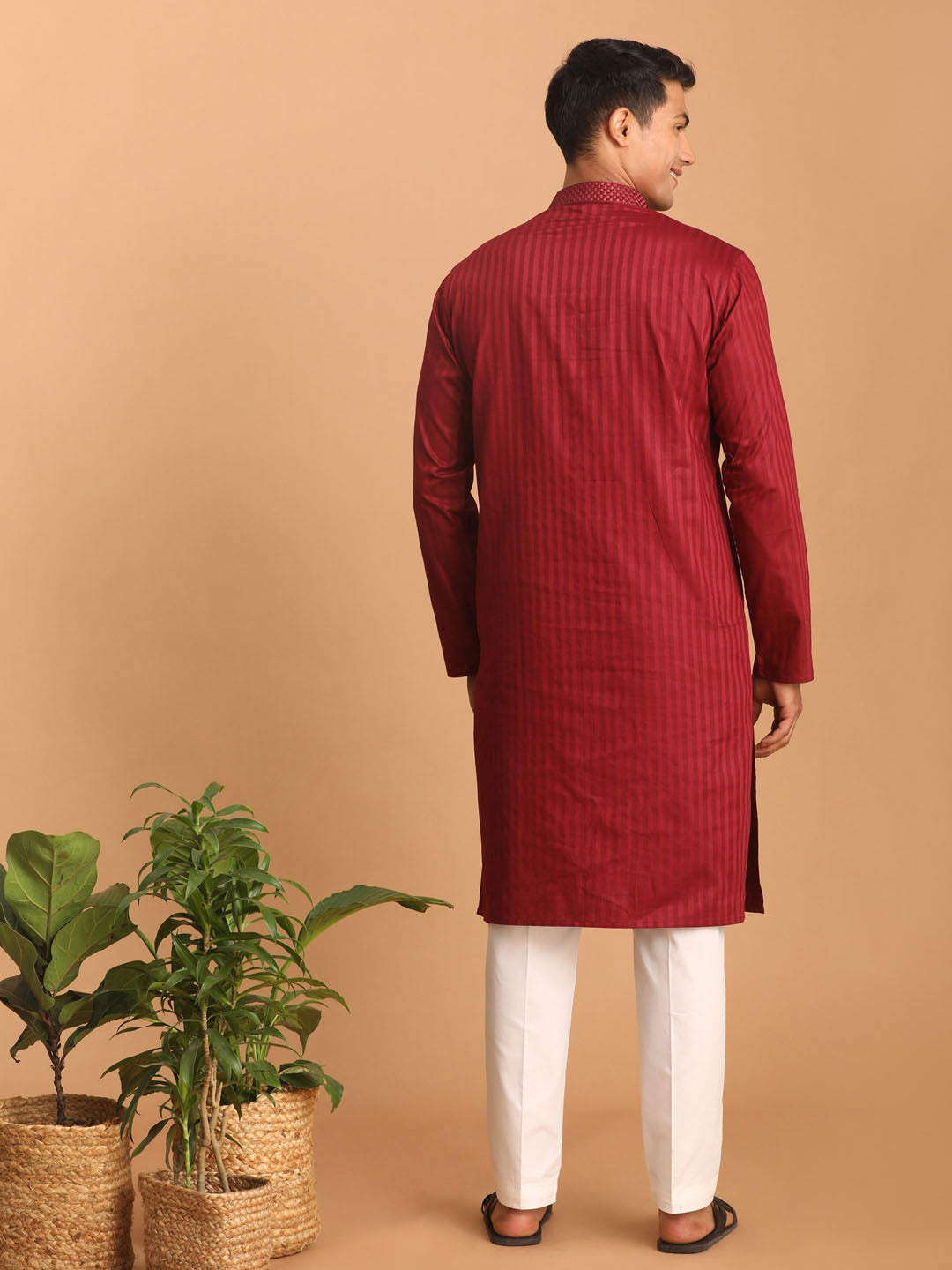 Sarvati Men's Maroon Cotton Blend Solid Kurta with White Pant Set