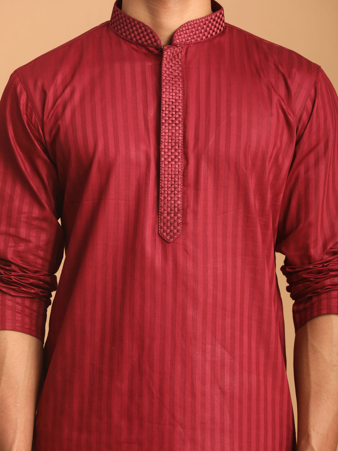 Sarvati Men's Maroon Cotton Blend Solid Kurta with White Pant Set