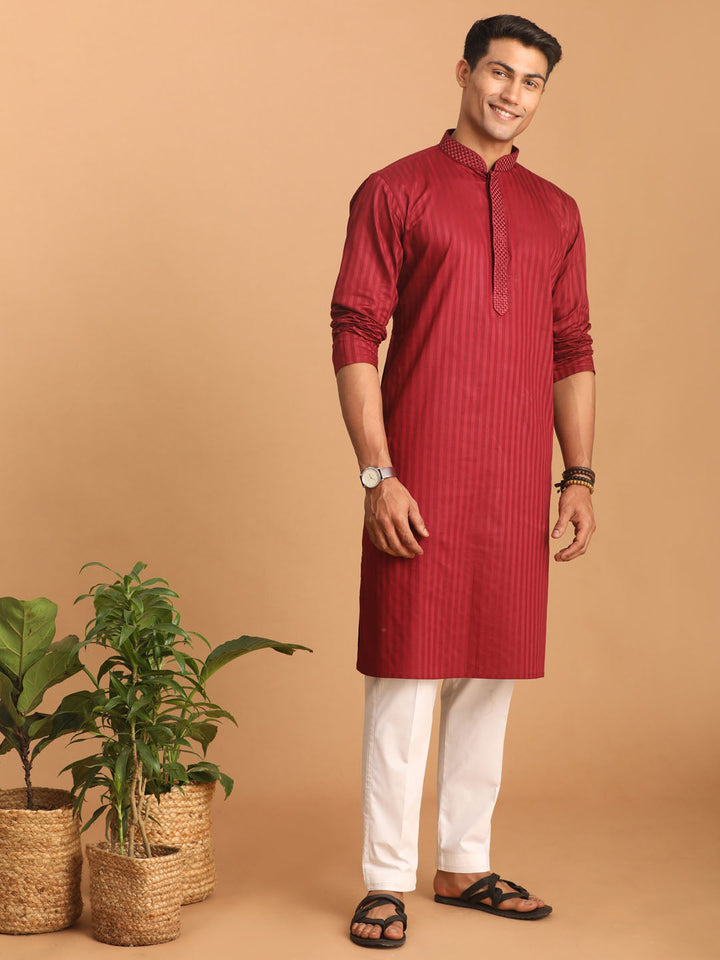 Sarvati Men's Maroon Cotton Blend Solid Kurta with White Pant Set