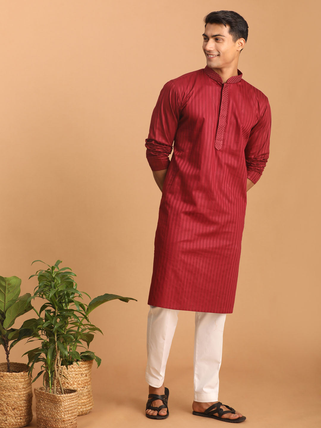 Sarvati Men's Maroon Cotton Blend Solid Kurta with White Pant Set