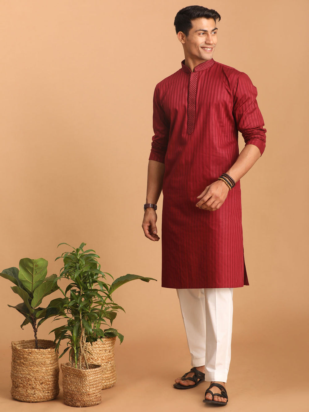 Sarvati Men's Maroon Cotton Blend Solid Kurta with White Pant Set