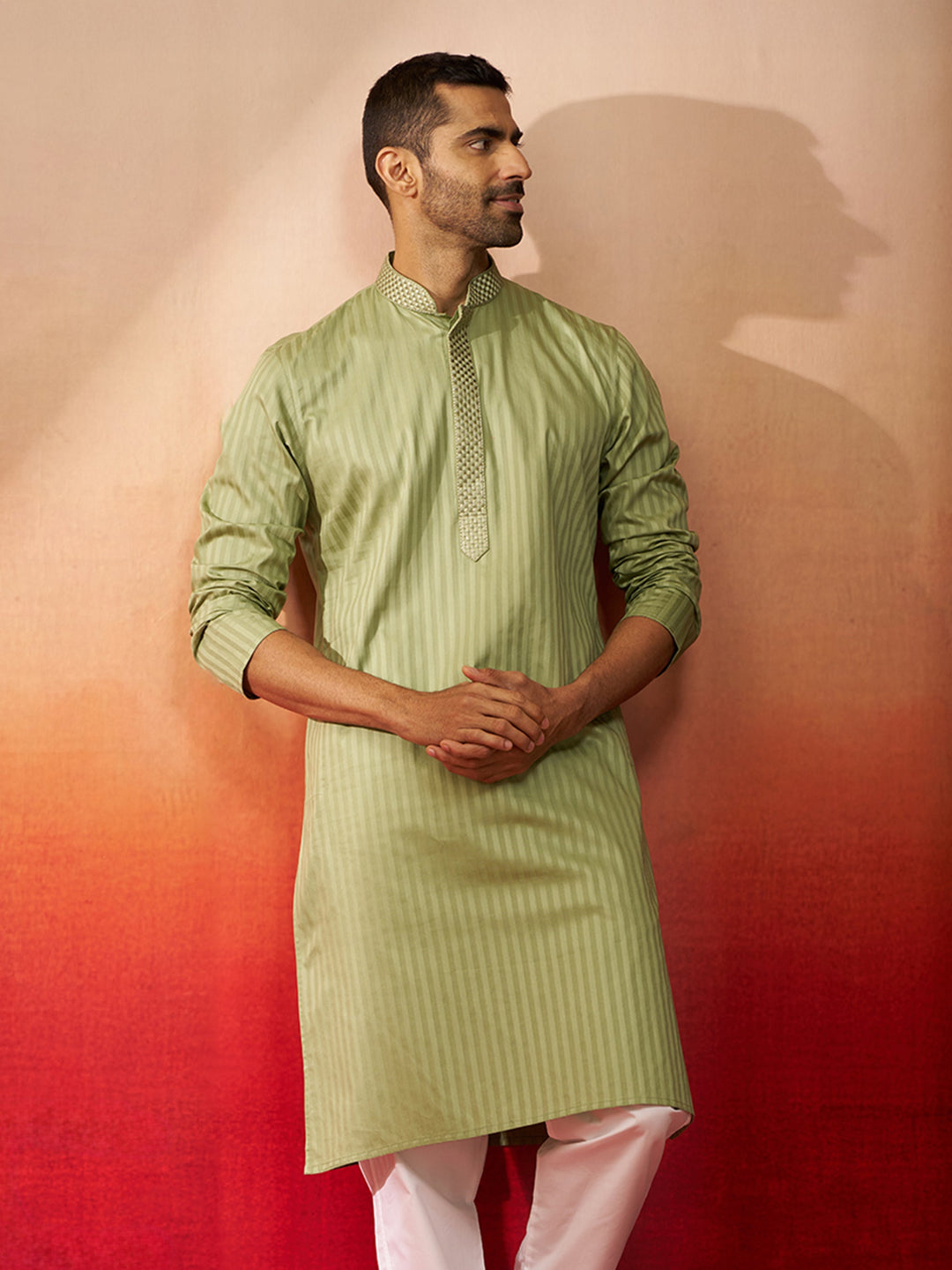 Men Mint Green Cotton Monalisa Embroidered Kurta