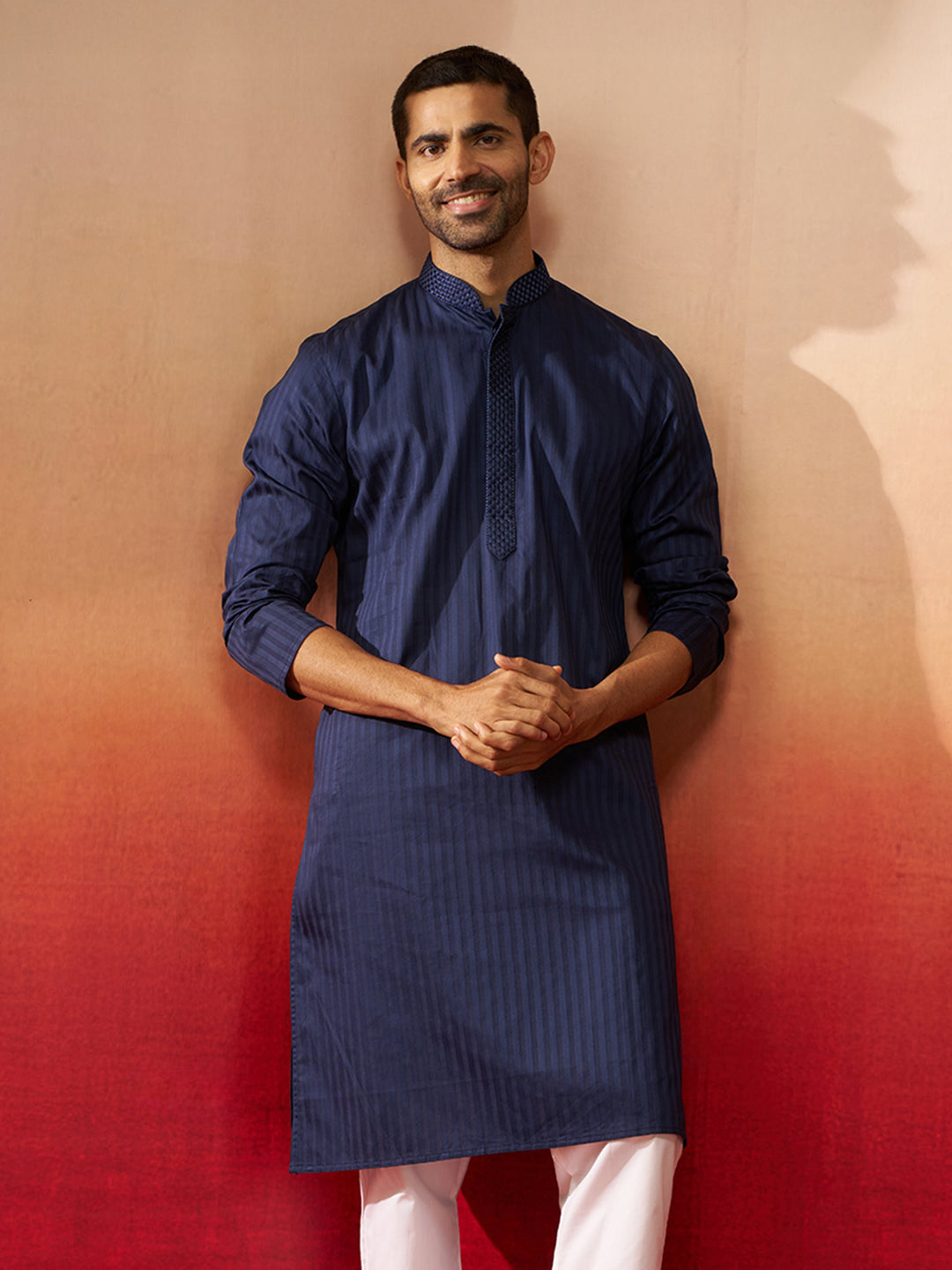 Men Navy Blue Cotton Monalisa Embroidered Kurta