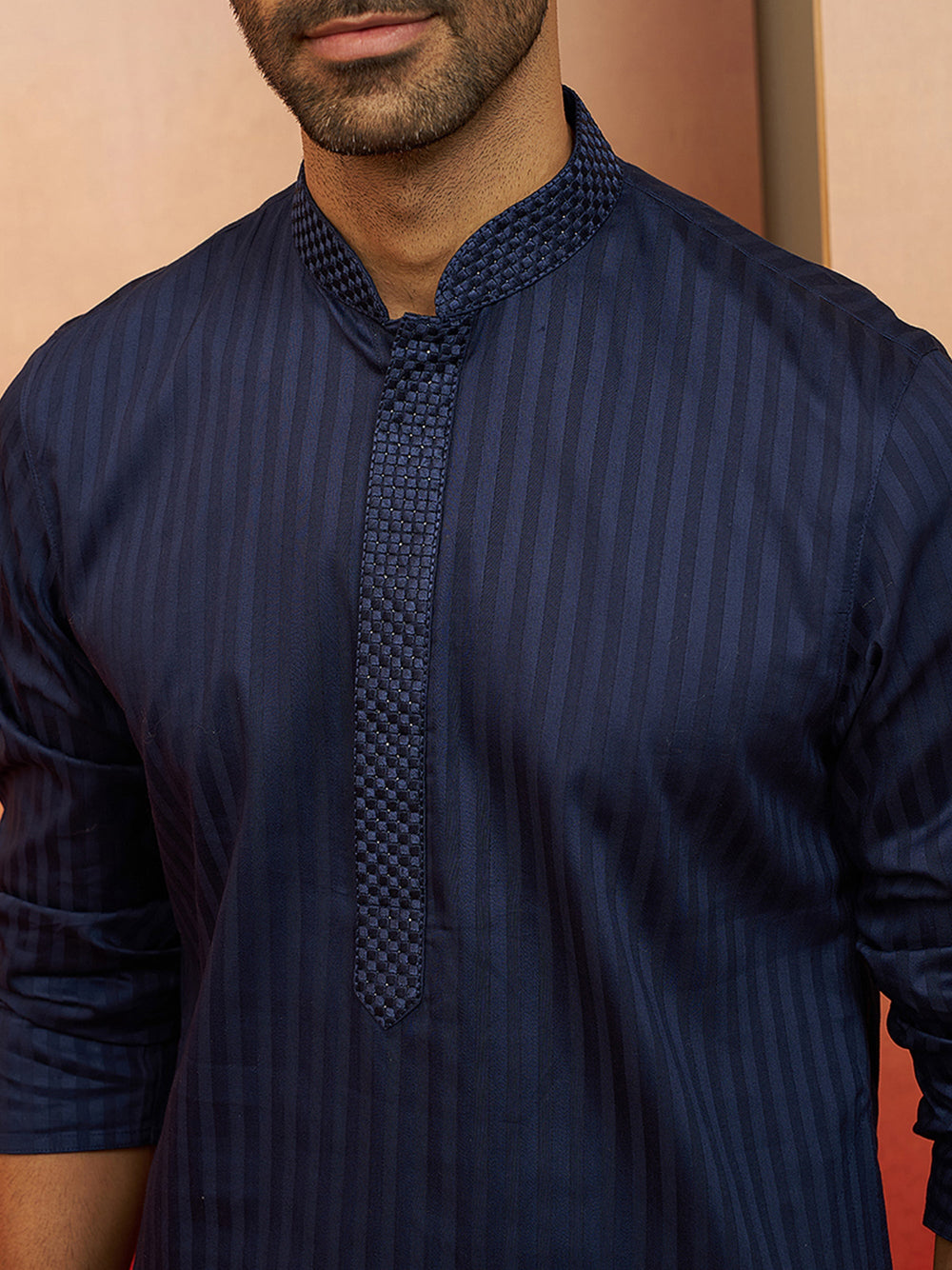 Men Navy Blue Cotton Monalisa Embroidered Kurta