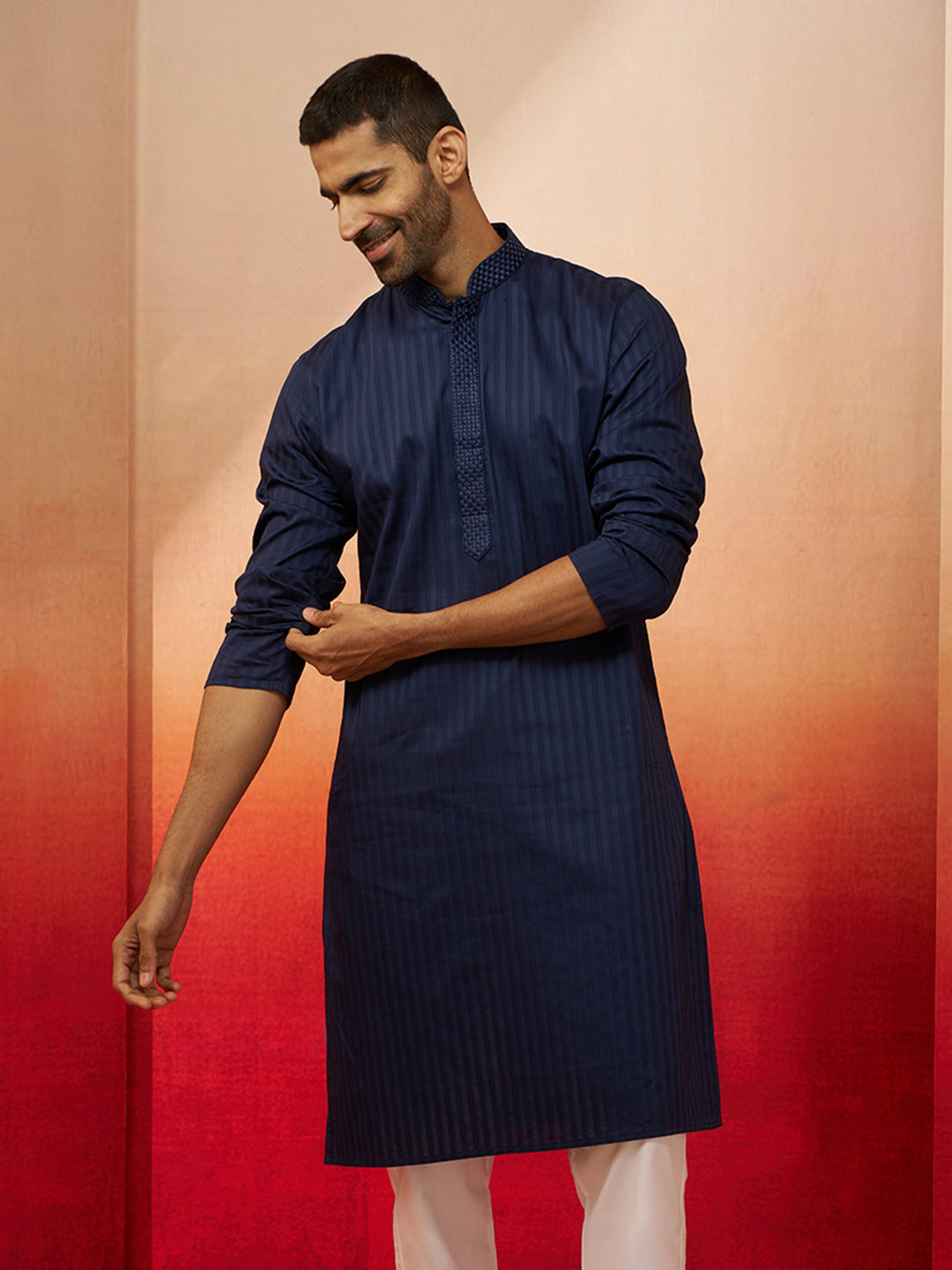 Men Navy Blue Cotton Monalisa Embroidered Kurta