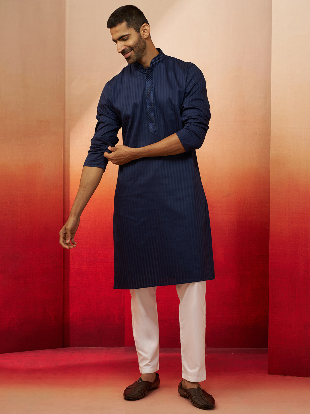 Men Navy Blue Cotton Monalisa Embroidered Kurta
