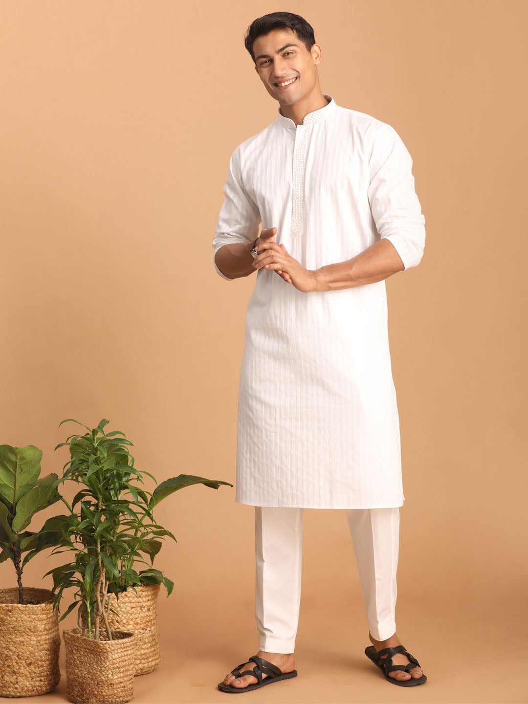 Sarvati Men's White Cotton Blend Solid Kurta with White Pant Set