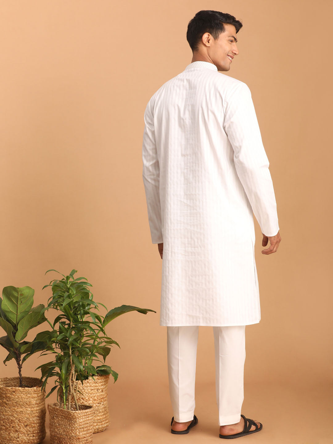 Sarvati Men's White Cotton Blend Solid Kurta with White Pant Set