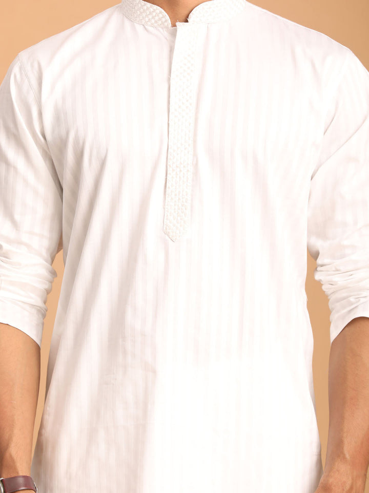 Sarvati Men's White Cotton Blend Solid Kurta with White Pant Set