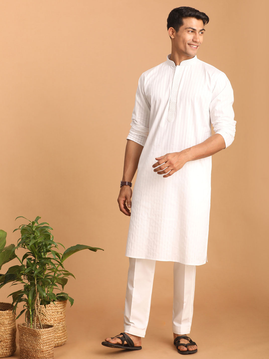 Sarvati Men's White Cotton Blend Solid Kurta with White Pant Set