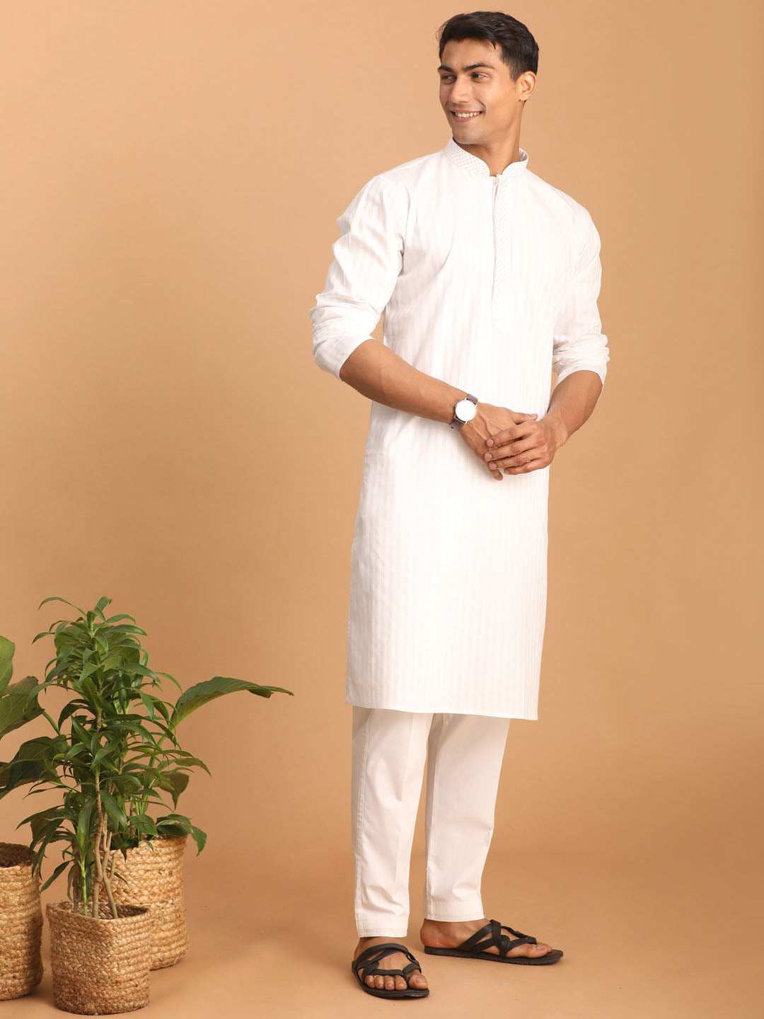 Sarvati Men's White Cotton Blend Solid Kurta with White Pant Set