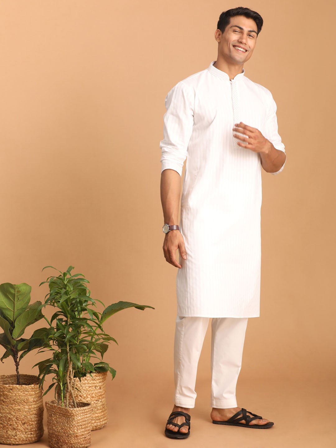 Sarvati Men's White Cotton Blend Solid Kurta with White Pant Set