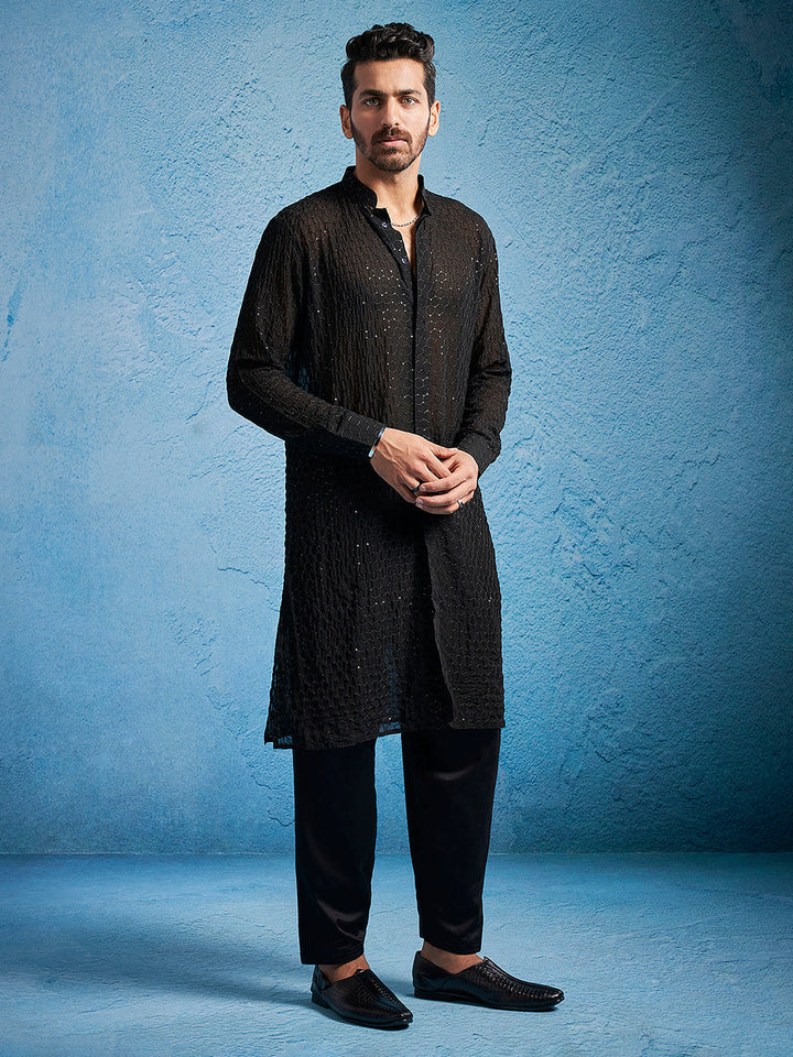 Sarvati Men's Black Georgette Kurta Pyjama Set