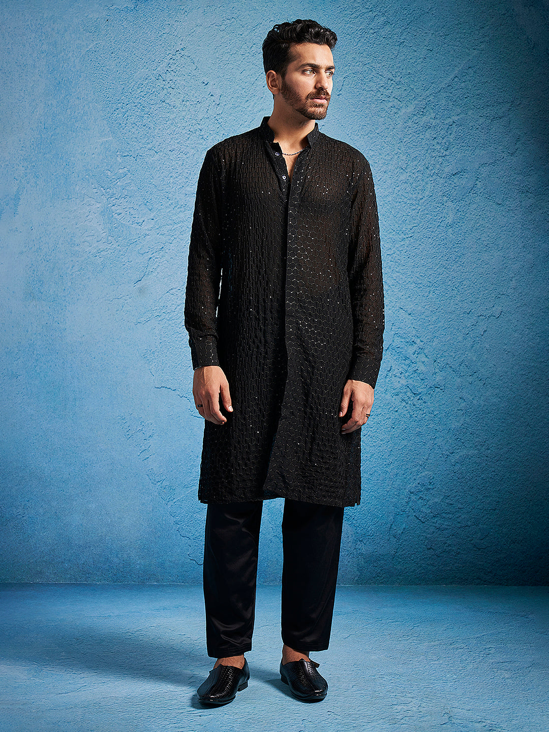 Sarvati Men's Black Georgette Kurta Pyjama Set