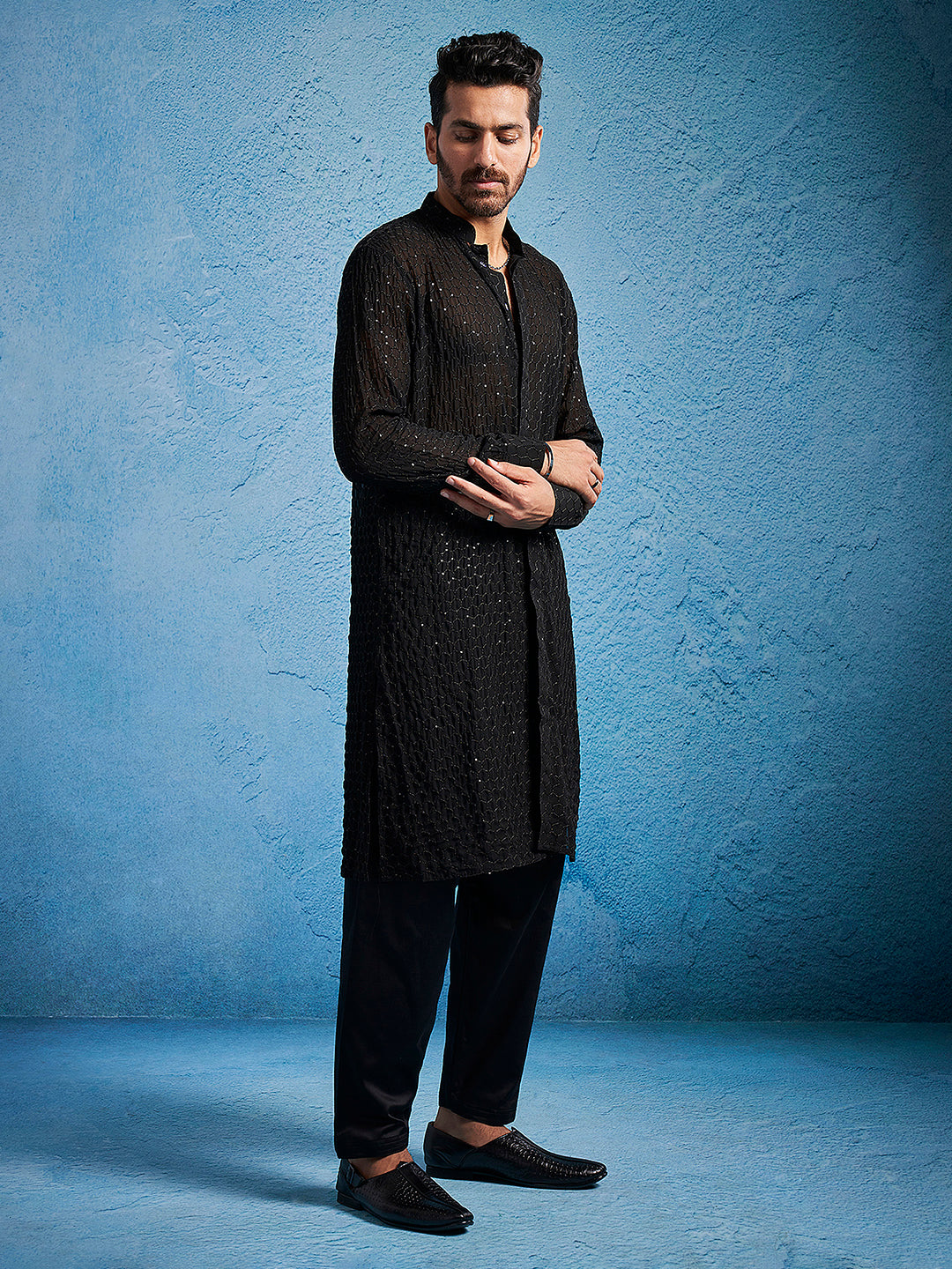 Sarvati Men's Black Georgette Kurta Pyjama Set