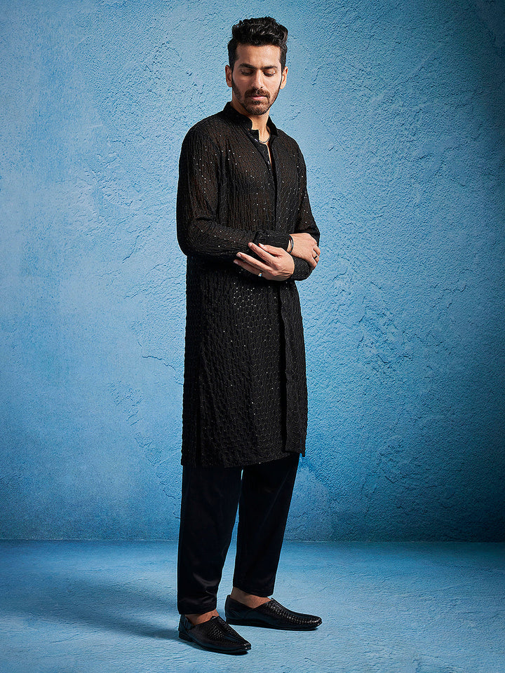 Sarvati Men's Black Georgette Kurta Pyjama Set