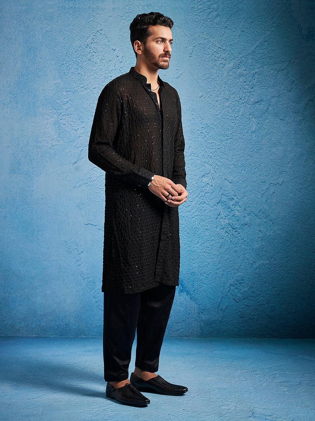 Sarvati Men's Black Georgette Kurta Pyjama Set