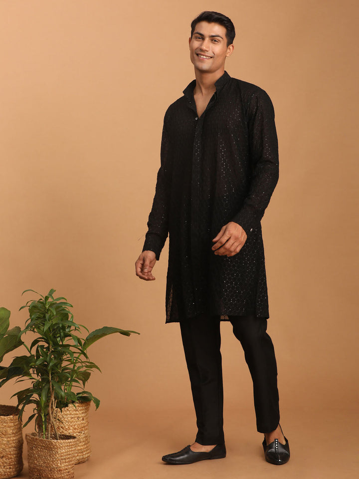 Sarvati Men's Black Sequined Front Open Georgette Kurta With Pant