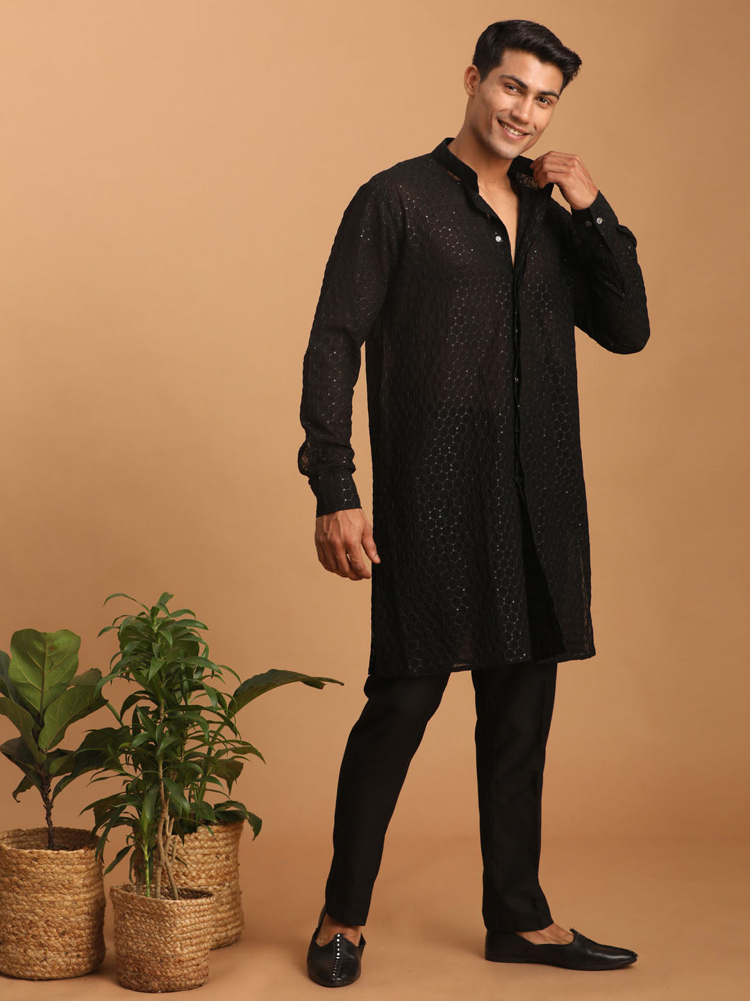 Sarvati Men's Black Sequined Front Open Georgette Kurta With Pant