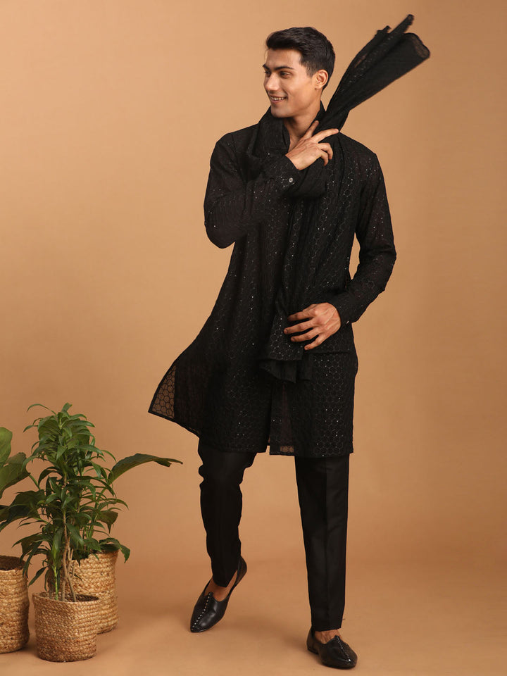 Sarvati Men's Black Sequined Front Open Georgette Kurta With Pant And Dupatta Set