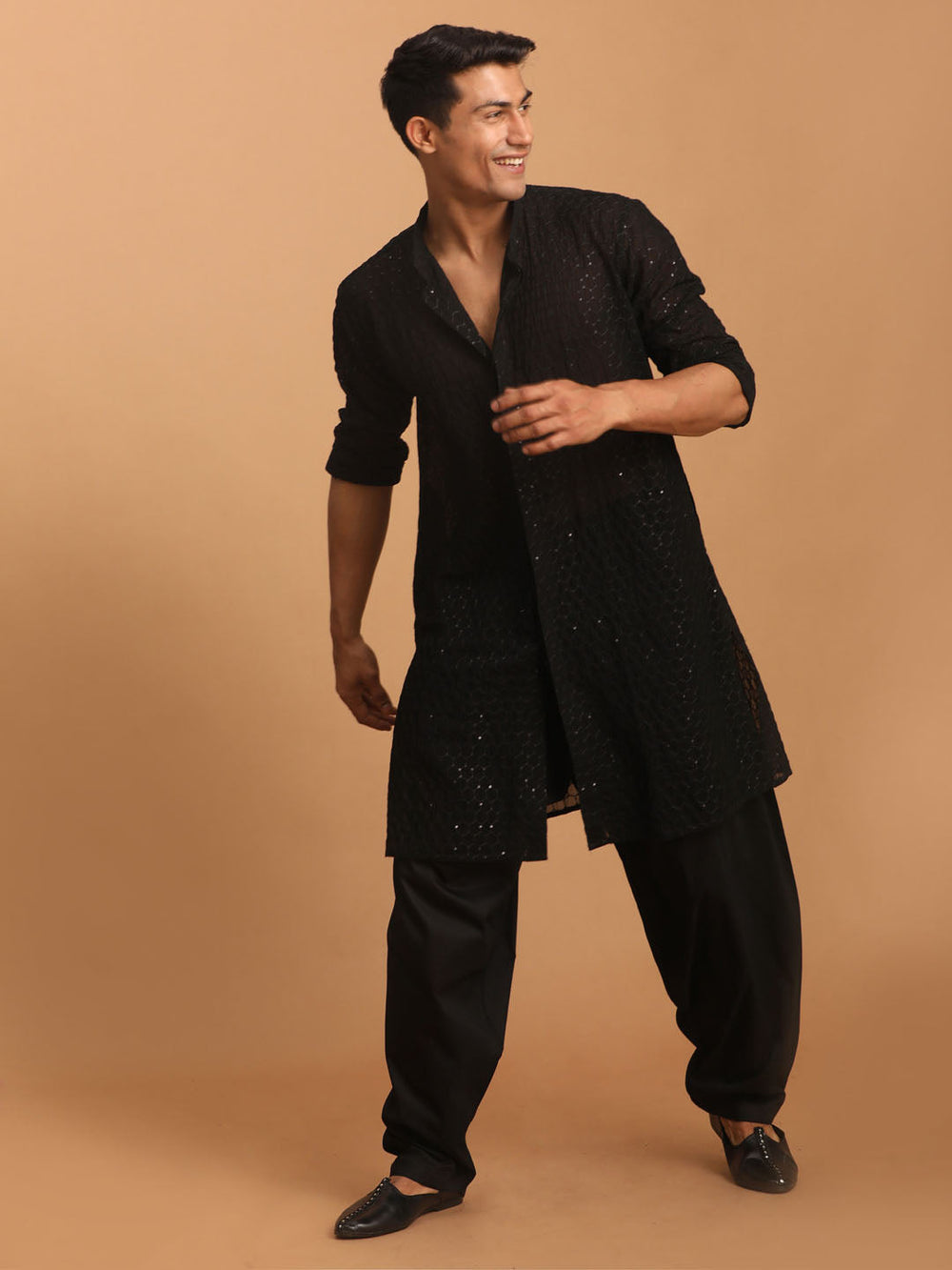 Sarvati Men's Black Sequined Front Open Georgette Kurta With Patiala