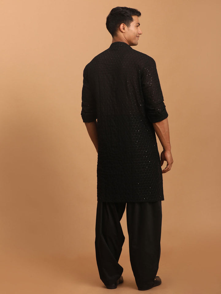 Sarvati Men's Black Sequined Front Open Georgette Kurta With Patiala