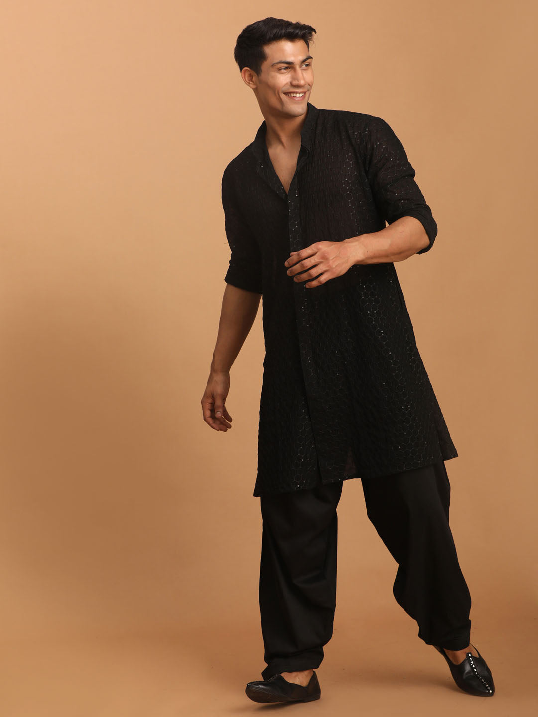 Sarvati Men's Black Sequined Front Open Georgette Kurta With Patiala