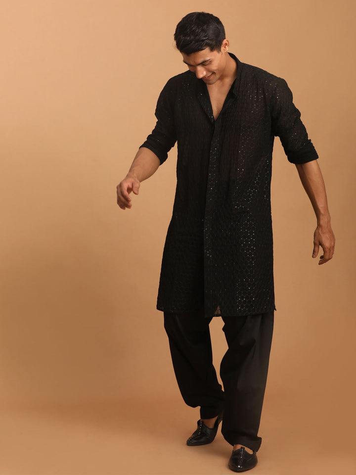 Sarvati Men's Black Sequined Front Open Georgette Kurta With Patiala