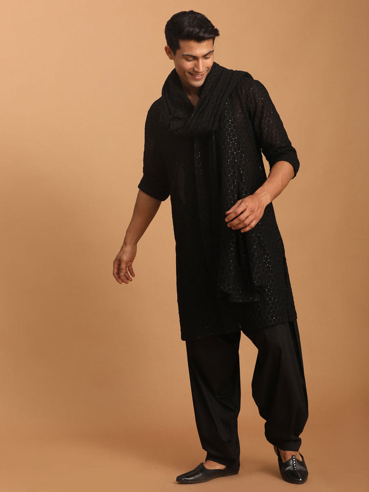 Sarvati Men's Black Sequined Front Open Georgette Kurta With Patiala And Dupatta Set