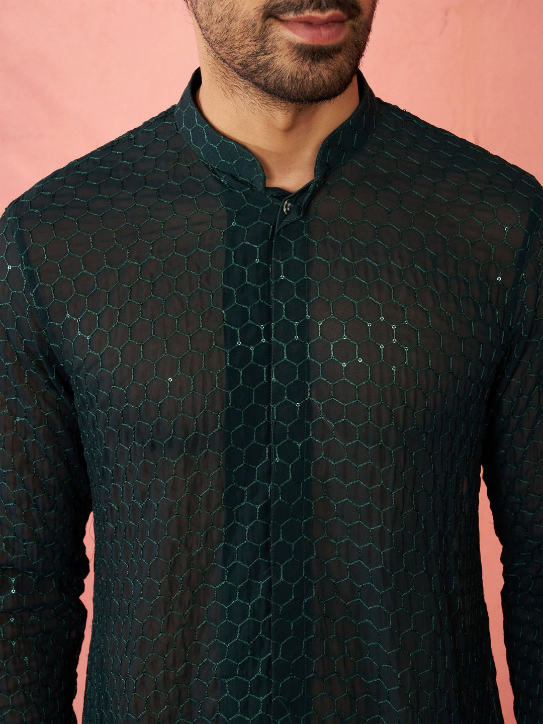 Men's Bottle Green Georgette Mid Kurta