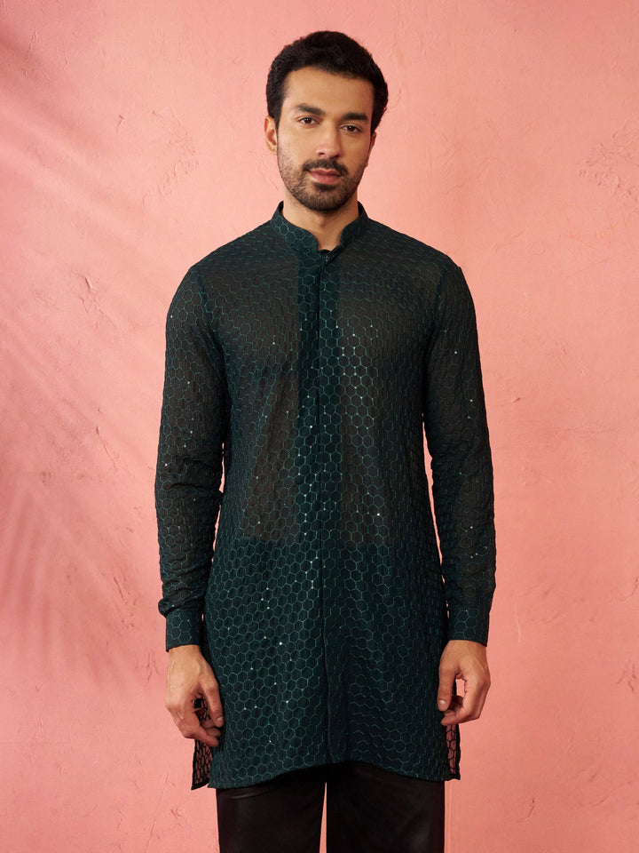 Men's Bottle Green Georgette Mid Kurta