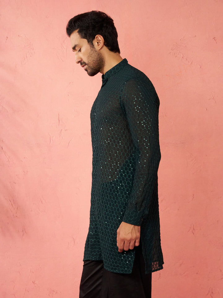 Men's Bottle Green Georgette Mid Kurta