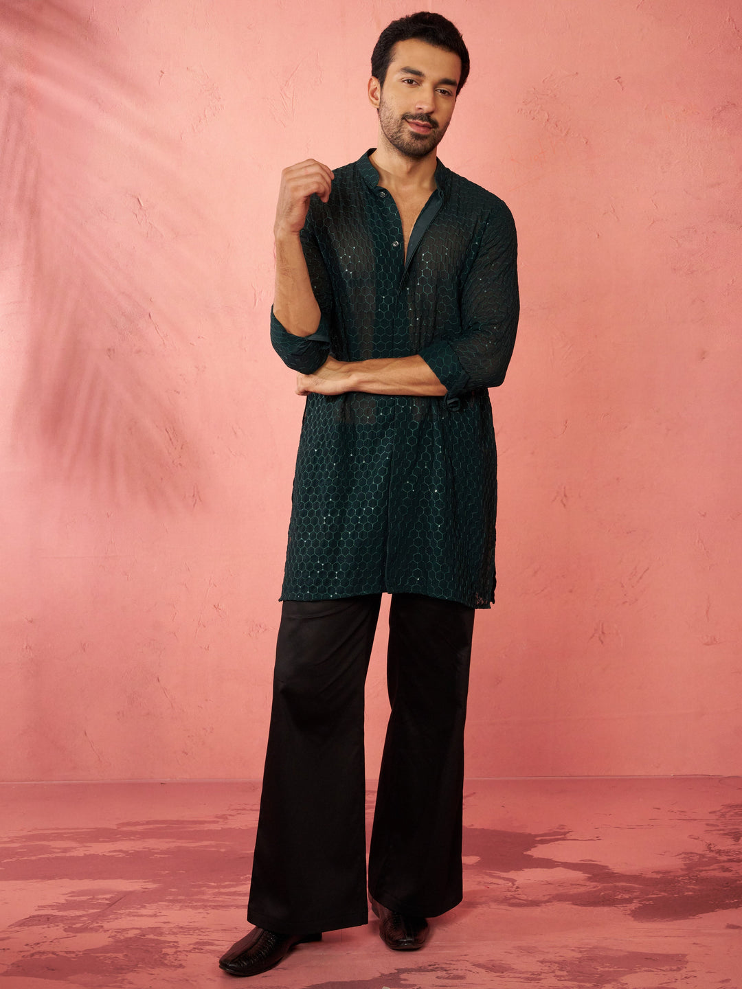 Men's Bottle Green Georgette Mid Kurta