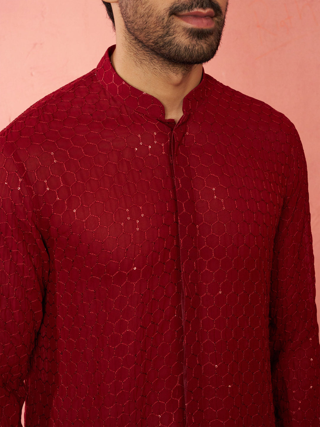 Men's Maroon Georgette Mid Kurta