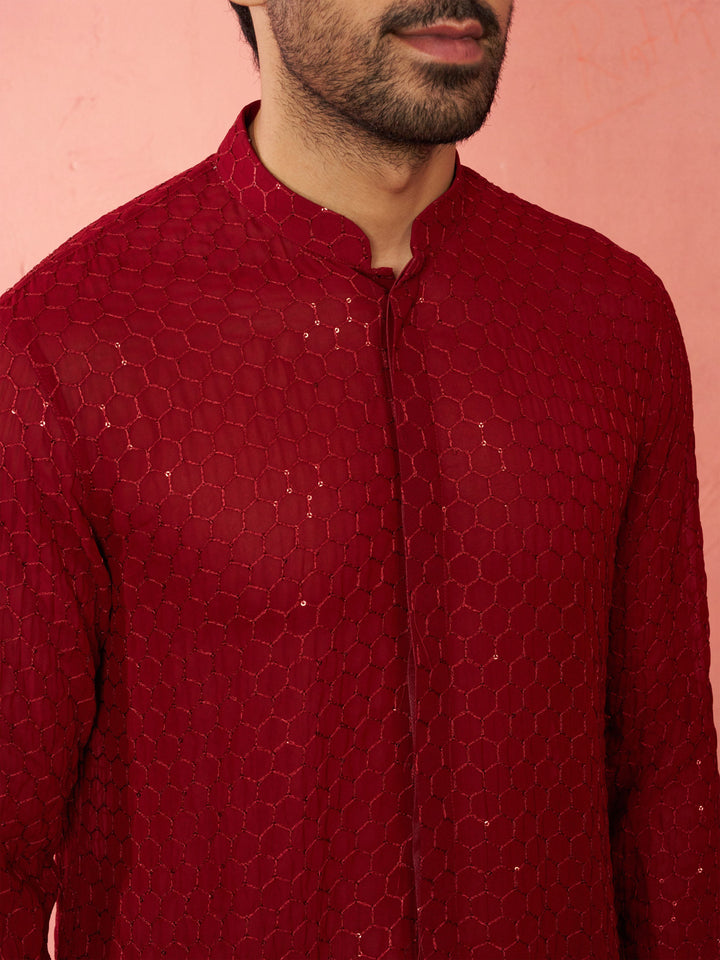 Men's Maroon Georgette Mid Kurta