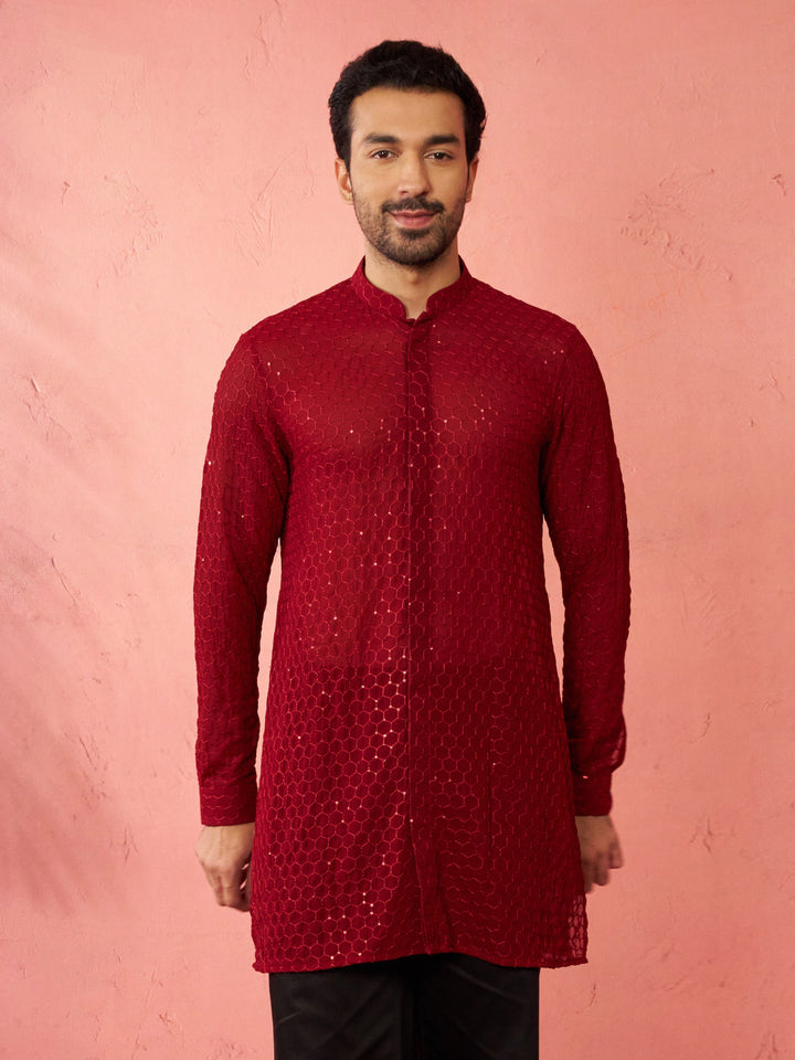 Men's Maroon Georgette Mid Kurta