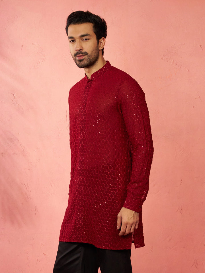 Men's Maroon Georgette Mid Kurta