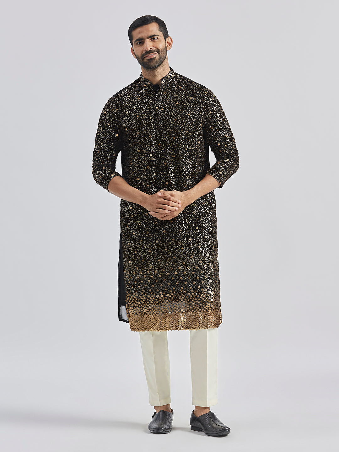 Sarvati Men's Black And Cream Georgette Kurta Pyjama Set