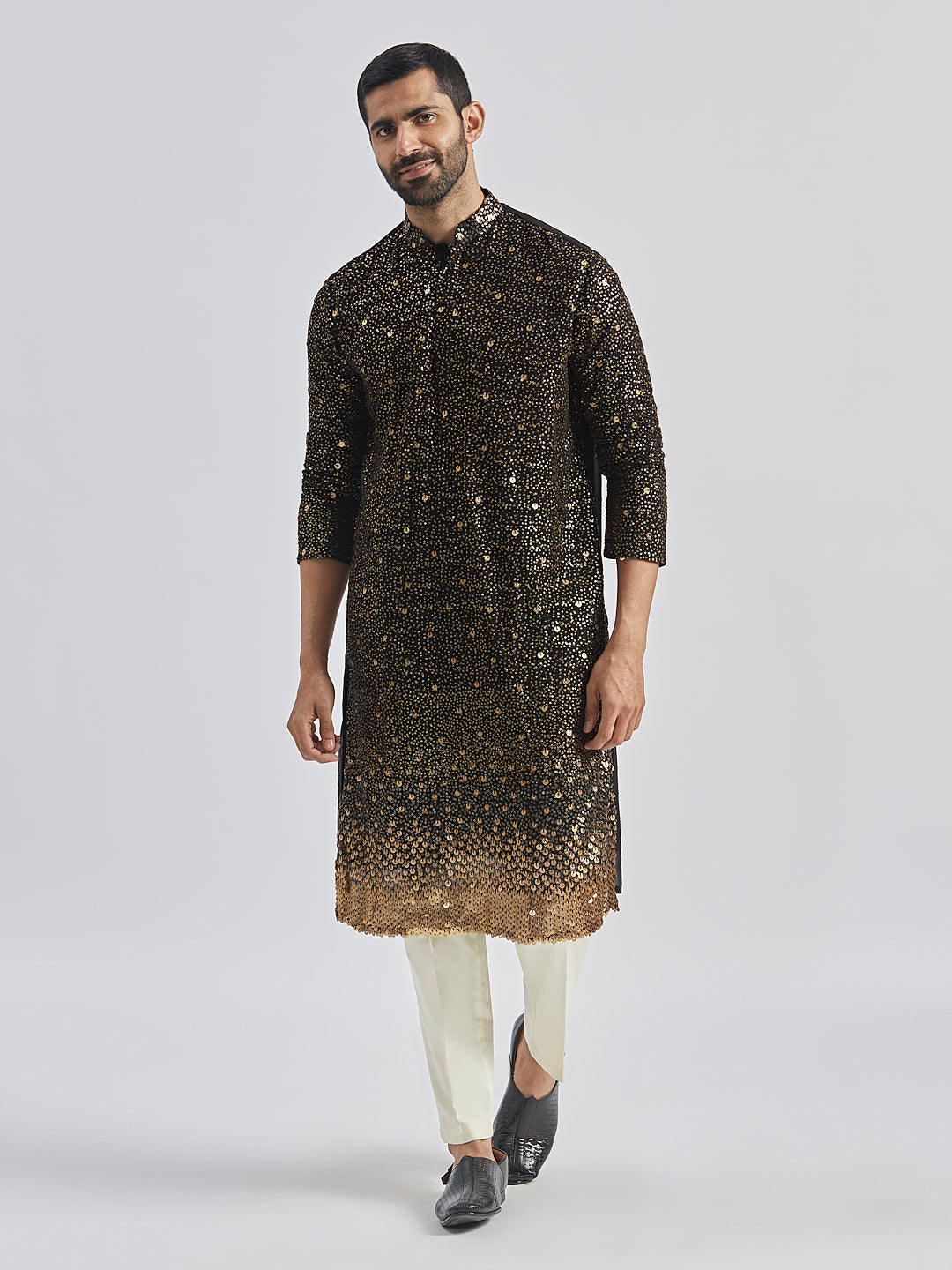 Sarvati Men's Black And Cream Georgette Kurta Pyjama Set