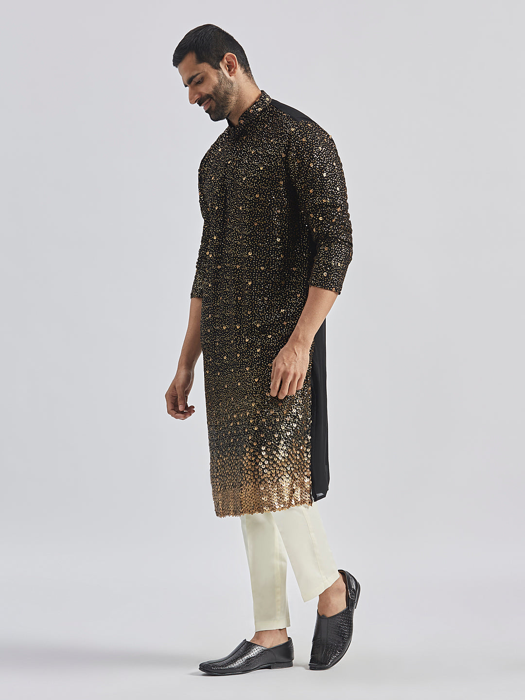 Sarvati Men's Black And Cream Georgette Kurta Pyjama Set