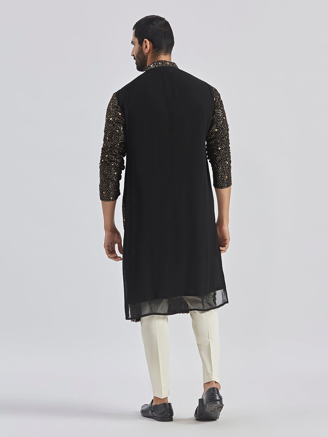 Sarvati Men's Black And Cream Georgette Kurta Pyjama Set