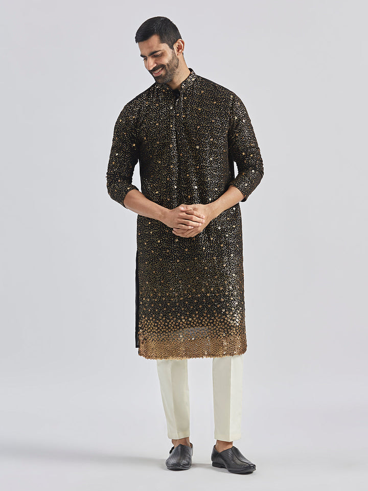 Sarvati Men's Black And Cream Georgette Kurta Pyjama Set