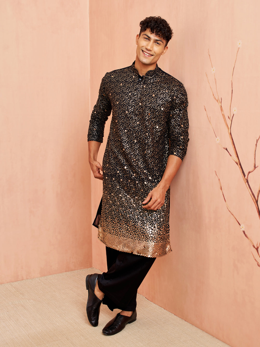 Men's Black Georgette Kurta & Pant Set