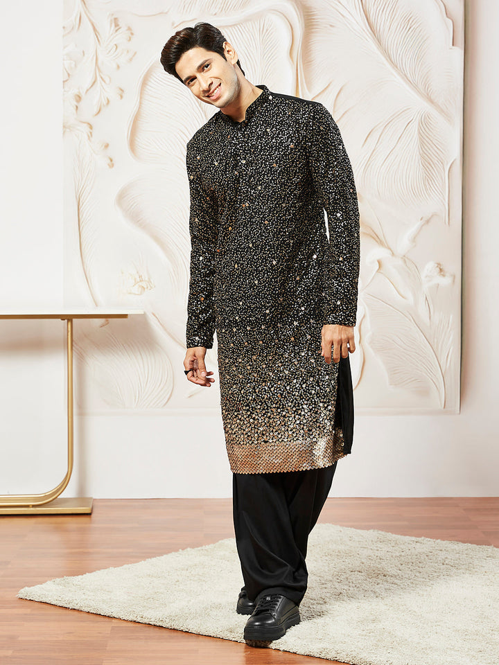 Sarvati Men's Black Georgette Zari With Sequins Worked Kurta Patiala Set