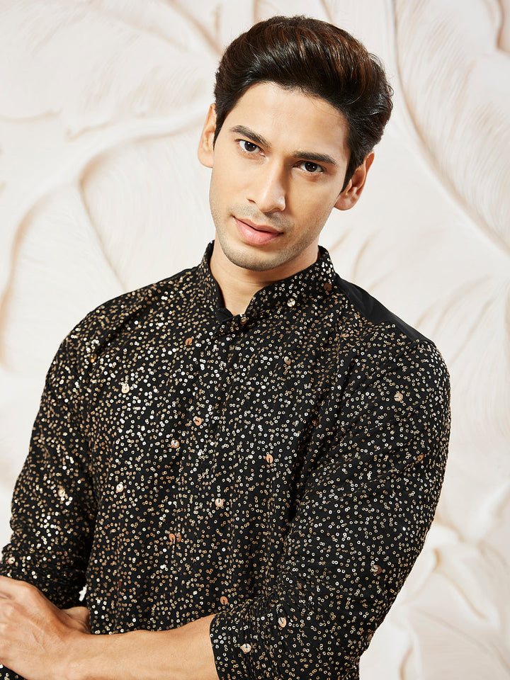 Sarvati Men's Black Georgette Zari With Sequins Worked Kurta Patiala Set