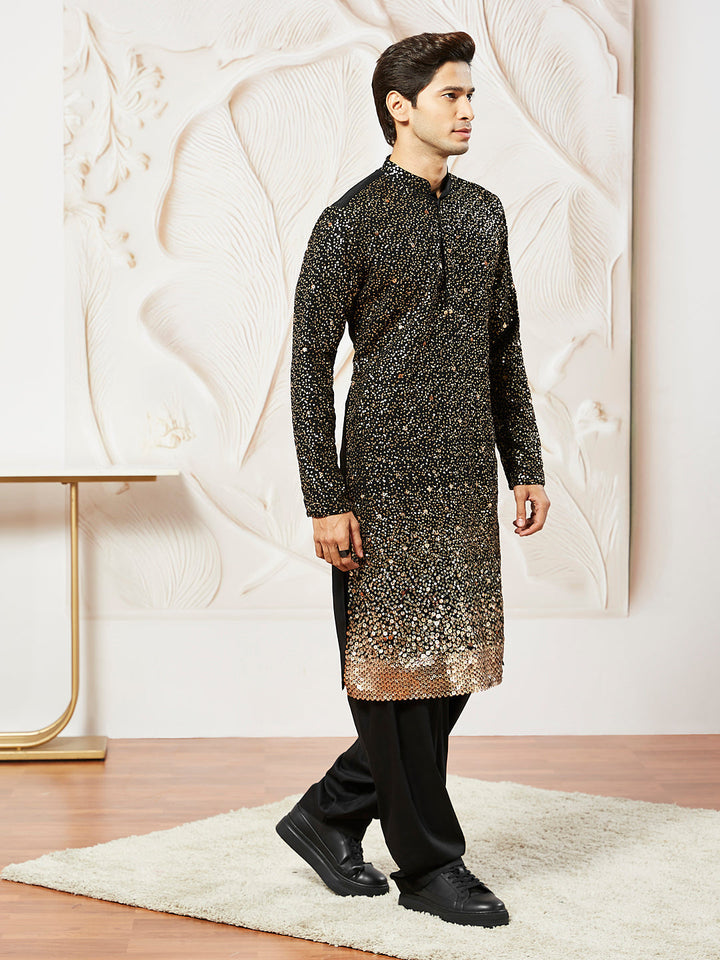 Sarvati Men's Black Georgette Zari With Sequins Worked Kurta Patiala Set