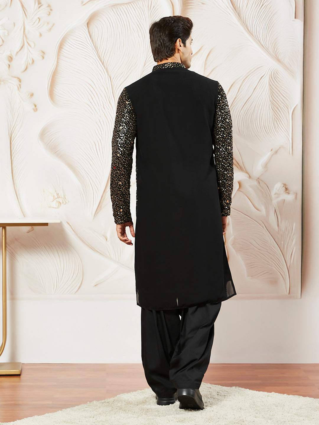 Sarvati Men's Black Georgette Zari With Sequins Worked Kurta Patiala Set